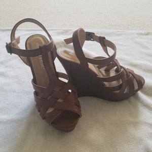 Charming Charlie's tan leather wedges